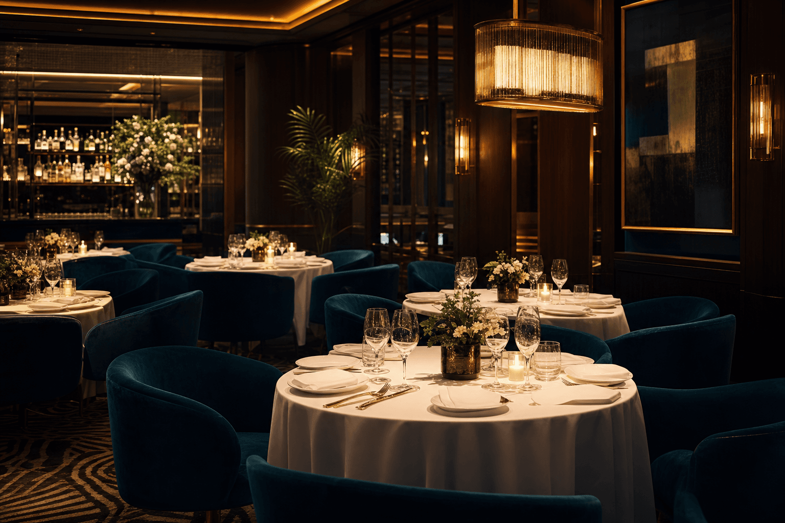Elegant fine-dining restaurant with candlelight and teal velvet chairs