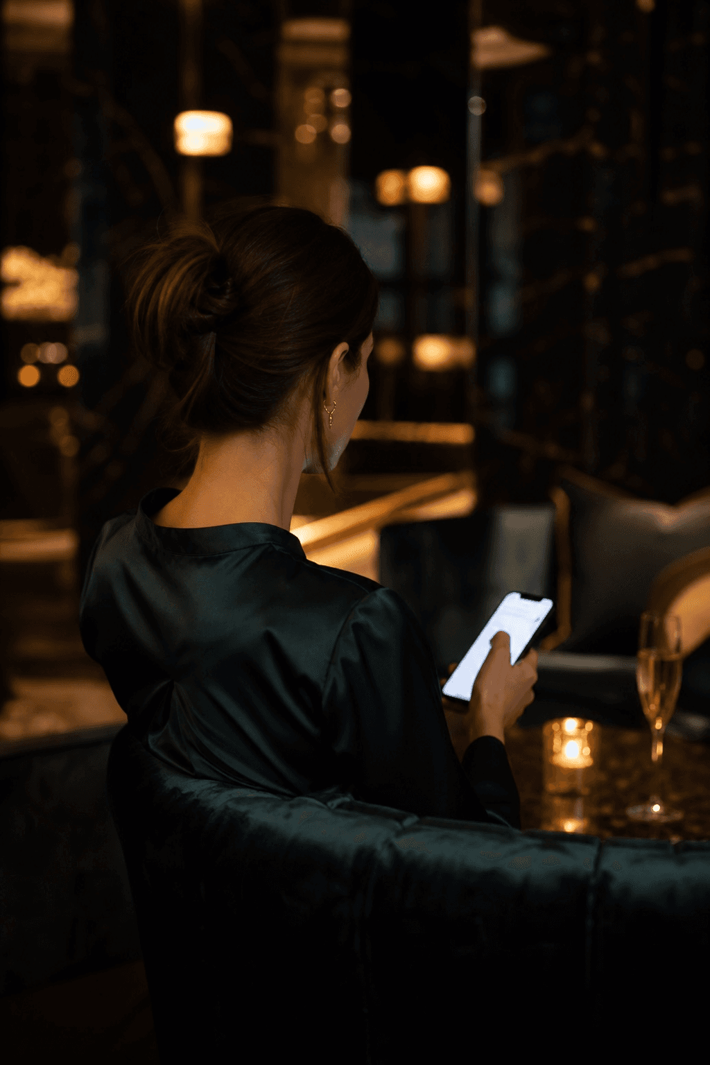 Hotel guest using the concierge on her phone in a dark luxury lounge