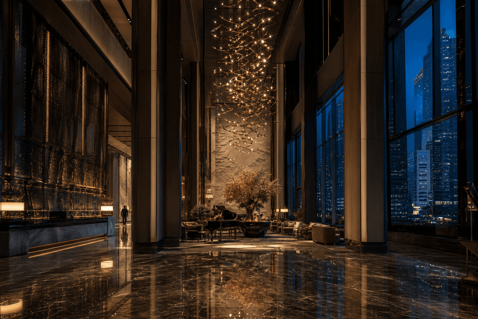 Grand luxury hotel lobby at dusk with warm chandelier light