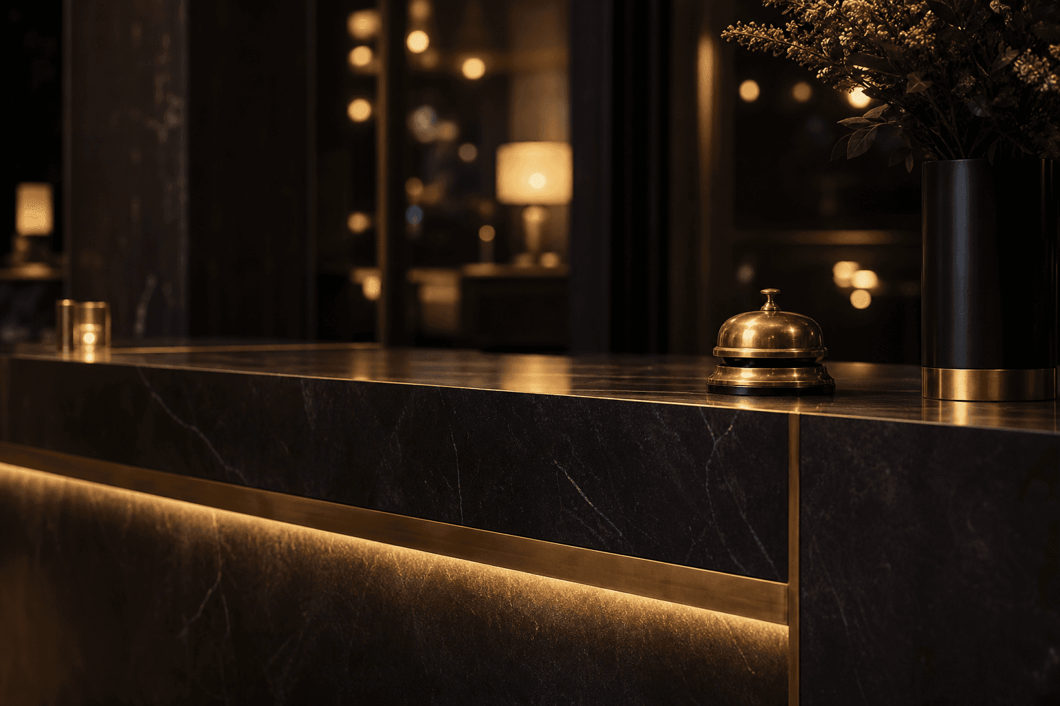Luxury hotel reception desk detail with a brass bell in warm light